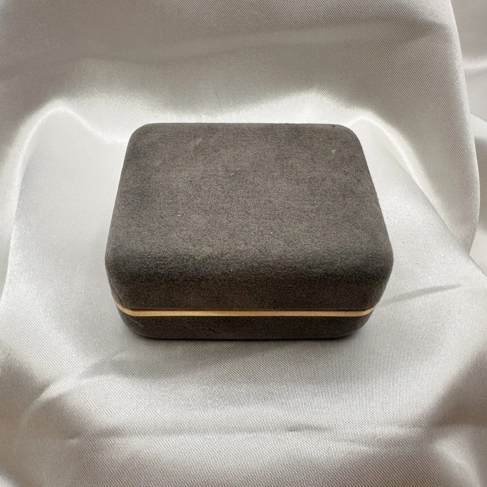 Vintage 90s Gray Velvet Box Gold Trim Hinged‎ Presentation Display Case Jewelry